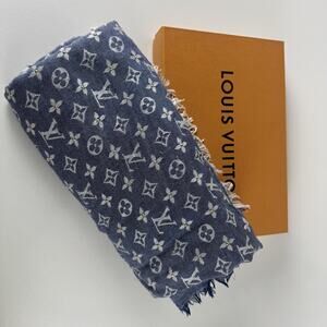 Louis Vuitton Scarf Womens Monogram Denim Wool Silk M73698 Studded Shawl Italy